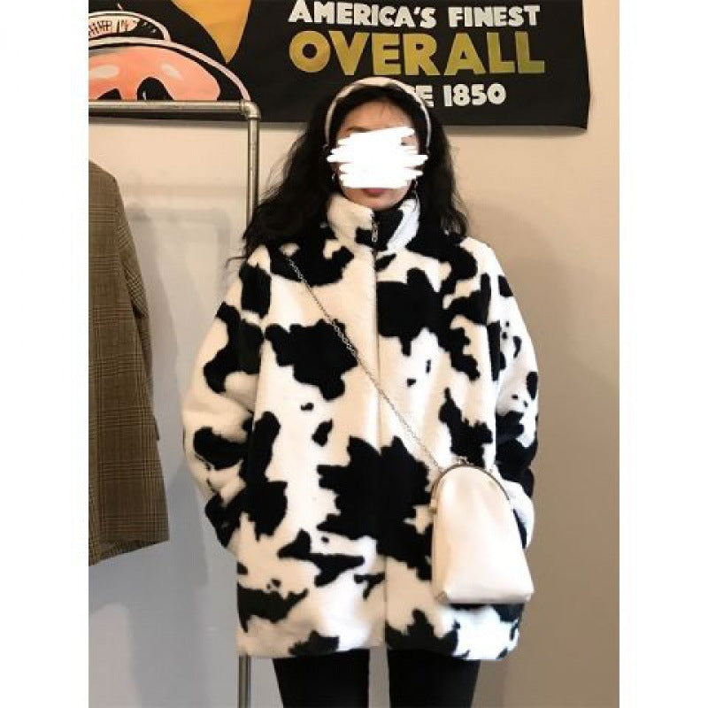 Women Dalmatian Coat Cows Pattern Coat Loose Soft Autumn and Winter Women