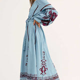 Womne Dresses Bohemian Lantern Long Sleeve Embroidered Neckline Holiday Beach Dress