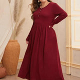 Women Plus Size Maxi Dresses Solid Color Round Neck Button Long Sleeve Dress