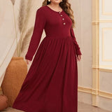 Women Plus Size Maxi Dresses Solid Color Round Neck Button Long Sleeve Dress