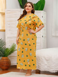 Women Plus Size Maxi Dresses Cotton Round Neck Printing Dress