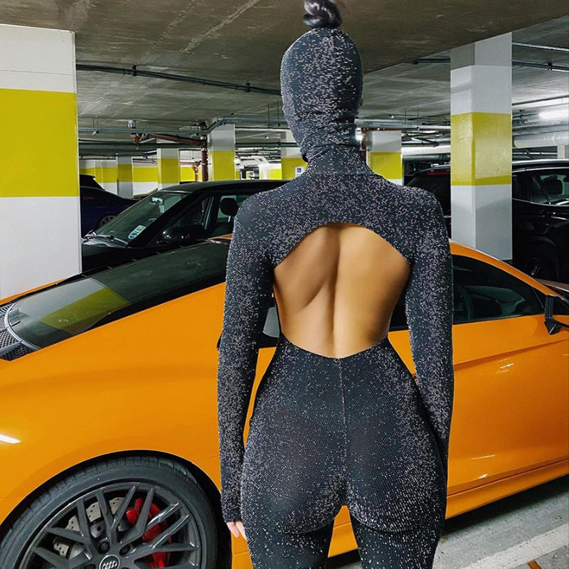 Women's Spring Clothing Long Sleeve High Neck Sexy Backless Hip Raise Skinny Sports Jumpsuit