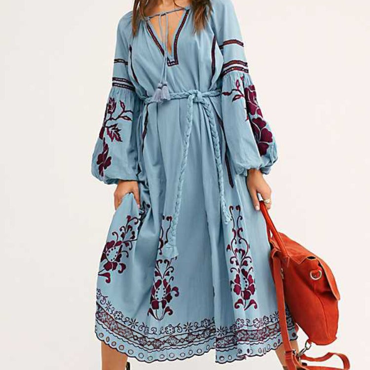 Womne Dresses Bohemian Lantern Long Sleeve Embroidered Neckline Holiday Beach Dress