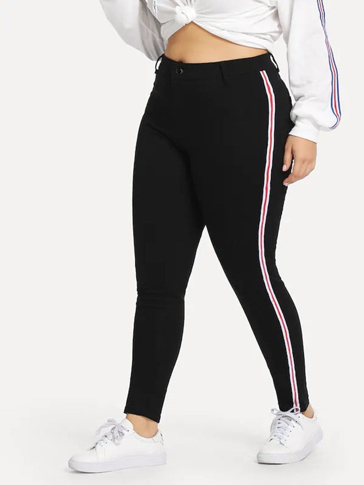 Women Plus Size Pants Slim-Fit Ribbon Black Trousers