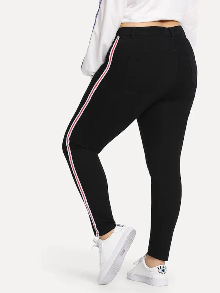 Women Plus Size Pants Slim-Fit Ribbon Black Trousers