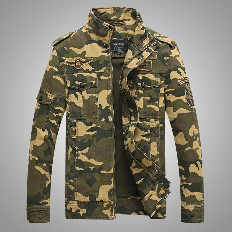 Men Fit Bomber Jacket Windbreaker Moto Street Coat for men Autumn Air Force One Camouflage Workwear Jacket Stand Collar