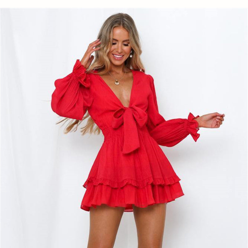 Dakota Johnson Red Mini Dress V-neck Long Sleeve Lace-up