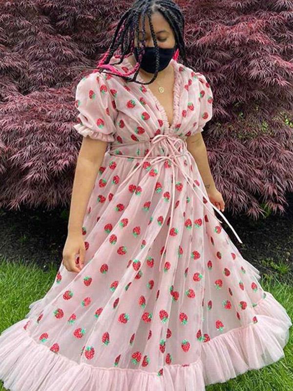 Plus Size Black Party Sequined Dress Strawberry Dress V Neck Sweet Elegant