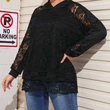 Women Plus Size Tops Lace Stitching Hooded Long Sleeve Sweater