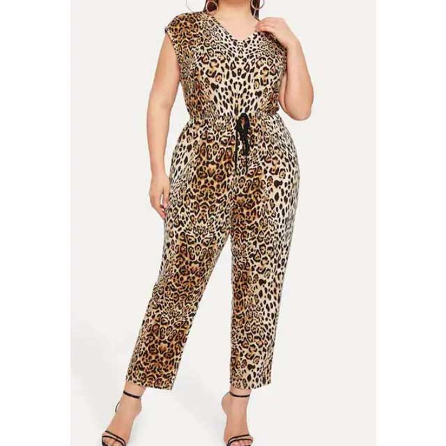 Women Plus Size Pants Leopard Print Fashion Casual Jumpsuit