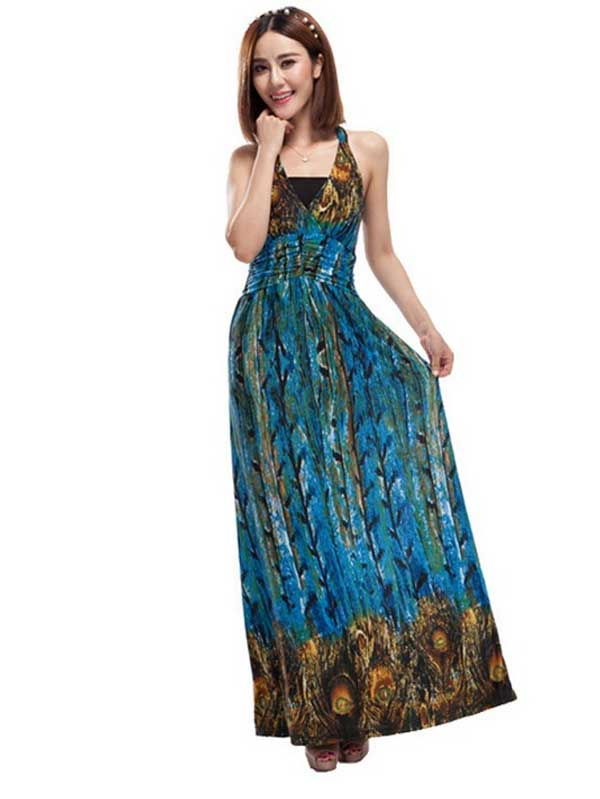 Women Plus Size Maxi Dresses V-neck Backless Bohemian Dress