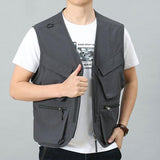 Men Utility Vest Work Zipper Tactical Work Vest Slim Pocket Jacket Spring and Autumn Vest Man Outdoor Wear Sleeveless V-neck Vest