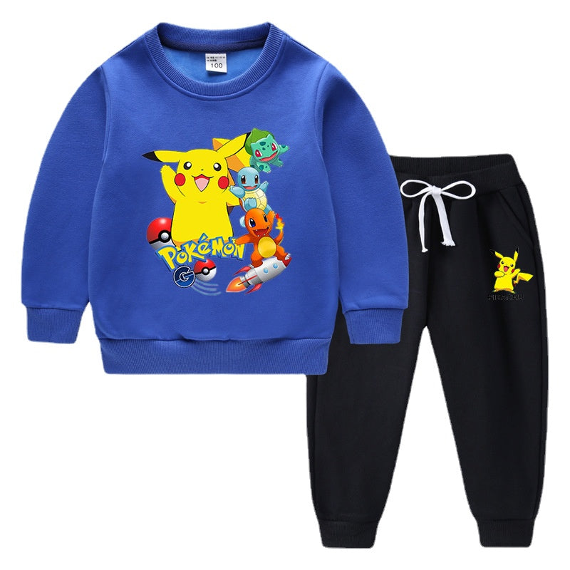Children Pokemon Pikachu Hoodie & Pant Set Fleece Lined Padded Warm Keeping Winter Clothes Sweatershirt Suit