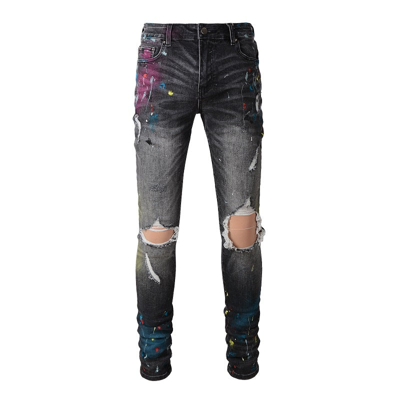 Amiri Jeans Casual Hip Hop Wash Splash-Ink Painted Slim Jeans Casual Fashionable 5636