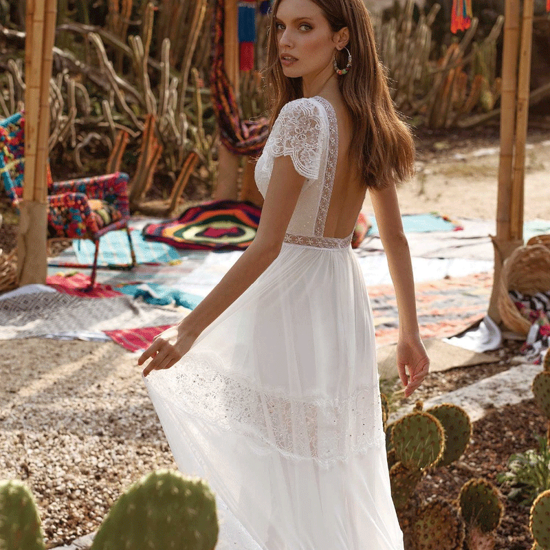 Beth Dutton Bohemian Dress Summer Spring Midi Dresses V-neck Short Sleeve Lace Applique Gown