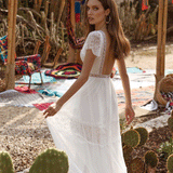 Beth Dutton Bohemian Dress Summer Spring Midi Dresses V-neck Short Sleeve Lace Applique Gown