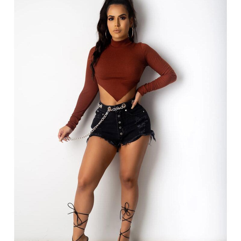 Women Denim Shorts Black Worn Jeans Women Chain Belt