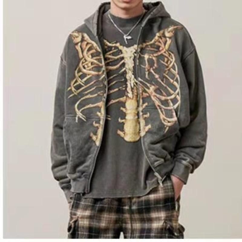 Skeleton Hoodie Skull Skeleton Printed Washed Zipper Cardigan Outerwear