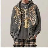 Skeleton Hoodie Skull Skeleton Printed Washed Zipper Cardigan Outerwear