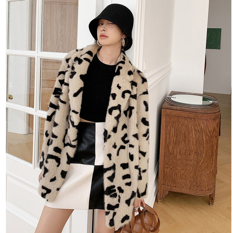 Women Dalmatian Coat Marten Overcoats Imitated Mink Leopard Print Women