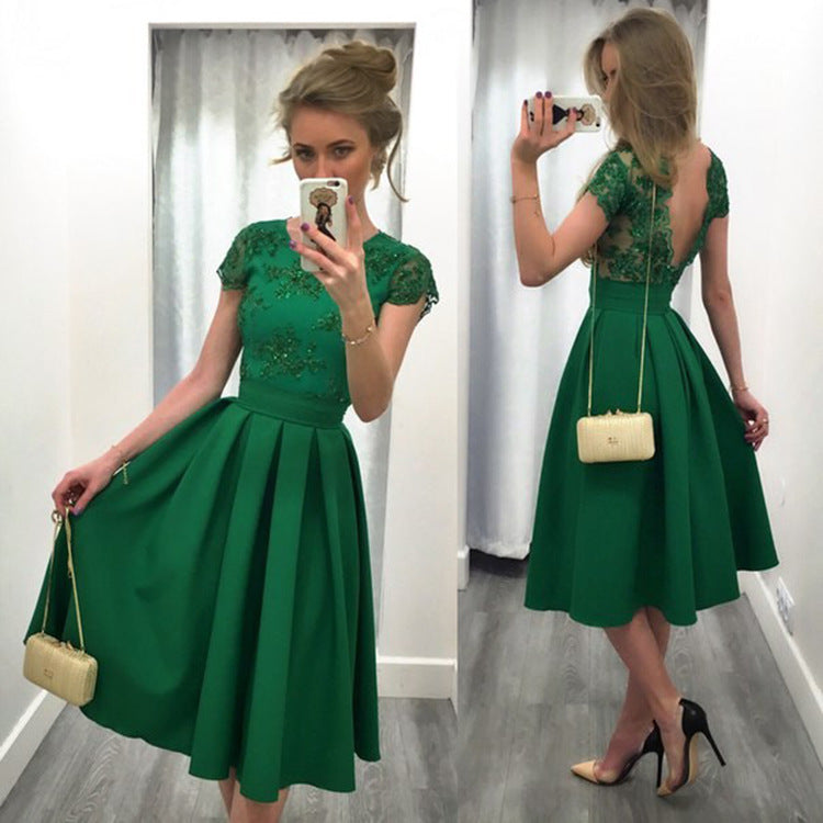 Knee Length Semi Formal Dresses for Wedding Solid Color Stitching Sexy Backless