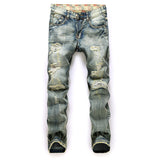 J Shaped Jeans Men's Straight Beggar Ripped Trendy Men's Nostalgic Worn Jeans