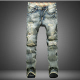 J Shaped Jeans Men's Straight Beggar Ripped Trendy Men's Nostalgic Worn Jeans