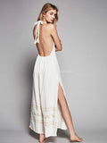 Women Dress Backless Embroidered Halter Split Dress