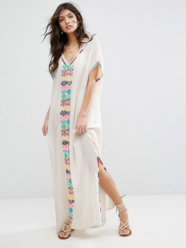 Embroidered V-neck Slit Dress
