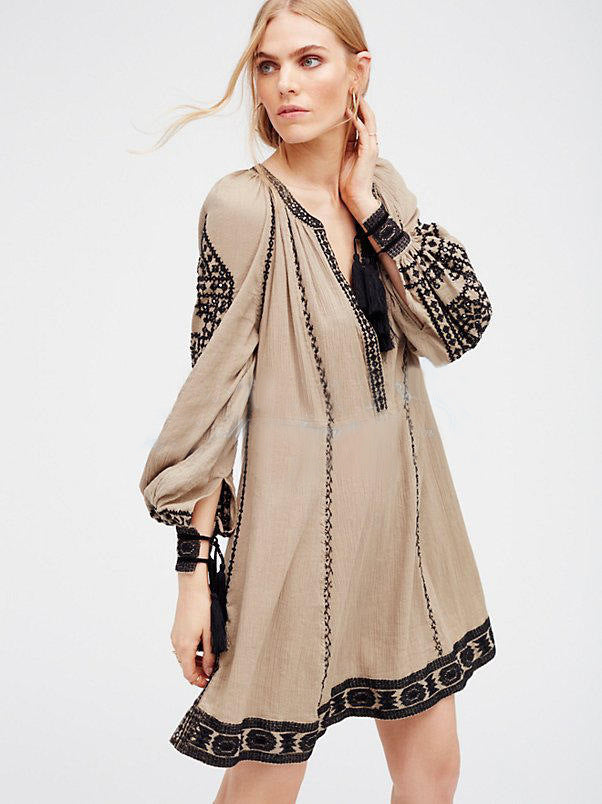Ethnic Style V-neck Totem Embroidered Long Sleeve Loose Dress