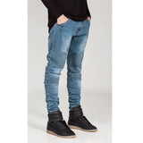 J Shaped Jeans Fashion Brand Motorcycle Pants Pleated Slim Fit Skinny Micro Elastic Jeans