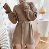 Sweater Dress Outfit With Tights 2 Piece Set Knitted Dress Women's Belt Waist-Tight Autumn