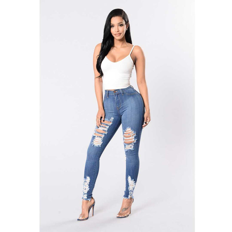 Women Plus Size Jeans Fashion Ripped Denim Slim Fit Skinny Pants