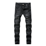 J Shaped Jeans New Men 'S Jeans Motorcycle Slim Straight Knee Ripped Stretch