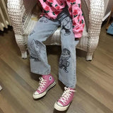 Anime Print Jeans Denim Pants Straight Jeans Loose Cartoon Printed Men's Pants