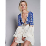 Women Dresses V-neck Backless Embroidered Long Sleeve Dress