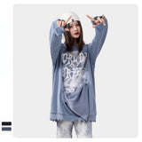 Slogan Graphic Hoodie Autumn Winter False-Two-Piece Loose Long Sleeve Sweatershirt