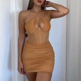 Bella Hadid Dress Halter Fishbone Pleated Backless Sheath Skirt Dress