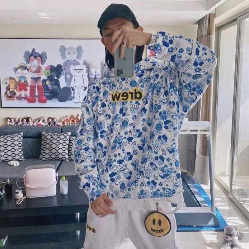 Justin Bieber Drew House Spring and Autumn Thin Fashion Brand Drew Smiley Face Full Printed Hoodie Hooded Sweater