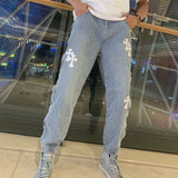 CHH Chrome Heart CHH Spring/Summer Leather Patchwork Metal Buckle Stitching Casual Denim Trousers