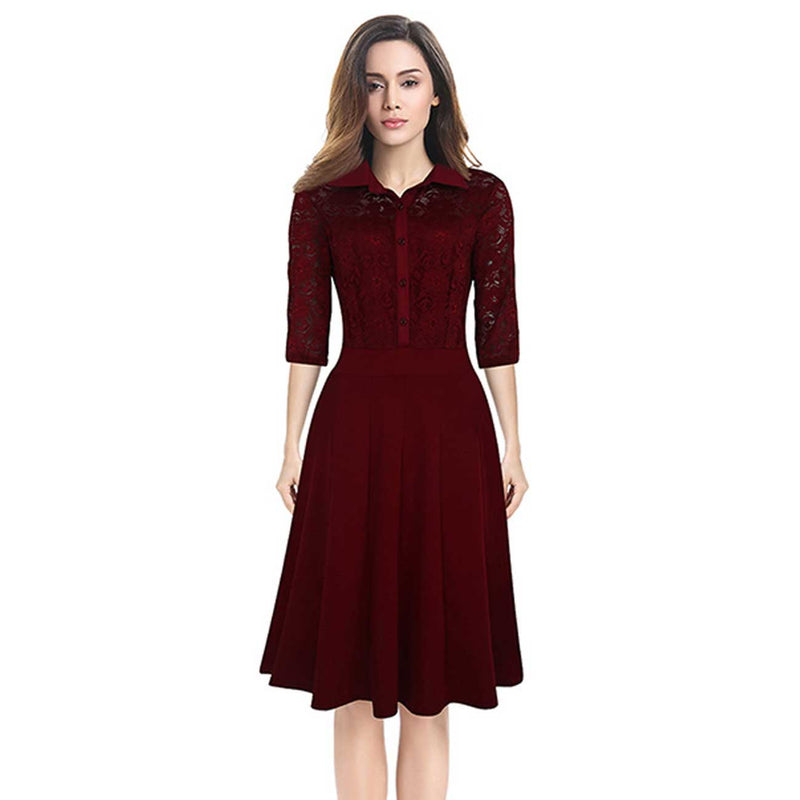 Women Plus Size Midi Dresses Fashion Mid-Sleeve Lapel Slim Lace Hollow Dress