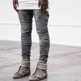 J Shaped Jeans Fashion Brand Motorcycle Pants Pleated Slim Fit Skinny Stretch Jeans