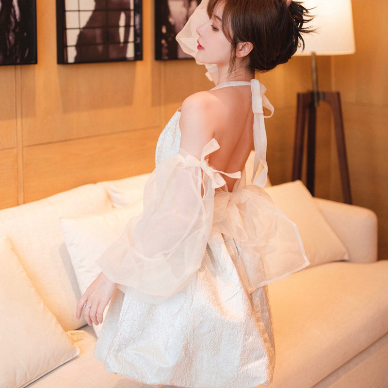 Knee Length Semi Formal Dresses for Wedding Short Lace up Bow Puff Sleeve Dress