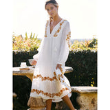 Women Dresses Flower Embroidered Large V-neck Light Cage Sleeve Loose Dress Long Dress