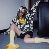 Smiley Face Hoodie Drew Floral Sweater Casual Loose Rose Hoodie