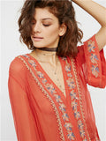 Women Dresses Deep V-neck Embroidery Pattern Wide Sleeve See-through Shirt Dress