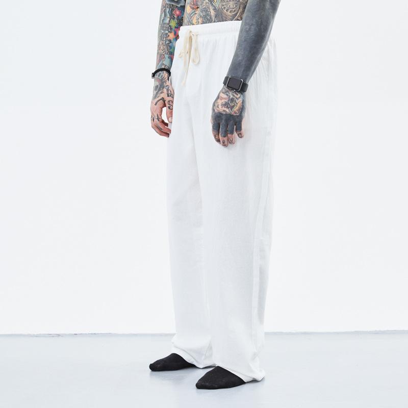 Linen Pants Straight Leg Pants Drawstring Lightweight Elastic Beach Pants Summer Men's Loose Casual Pants Straight plus Size