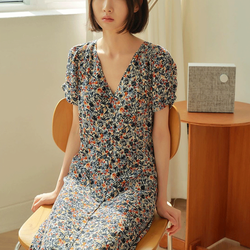 Beth Dutton Yellowstone Dresses Summer Spring Midi Dresses Vintage Floral Dress Puff Short Sleeve V-neck Silk-Proof Short Sleeve