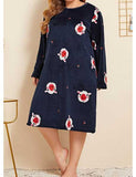 Women Plus Size Midi Dresses Long-Sleeve round-Collar Dress