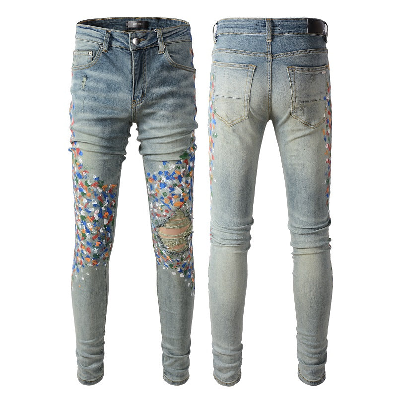 Amiri Jeans Casual Hip Hop Wash Splash-Ink Painted Slim Jeans Casual Fashionable 868